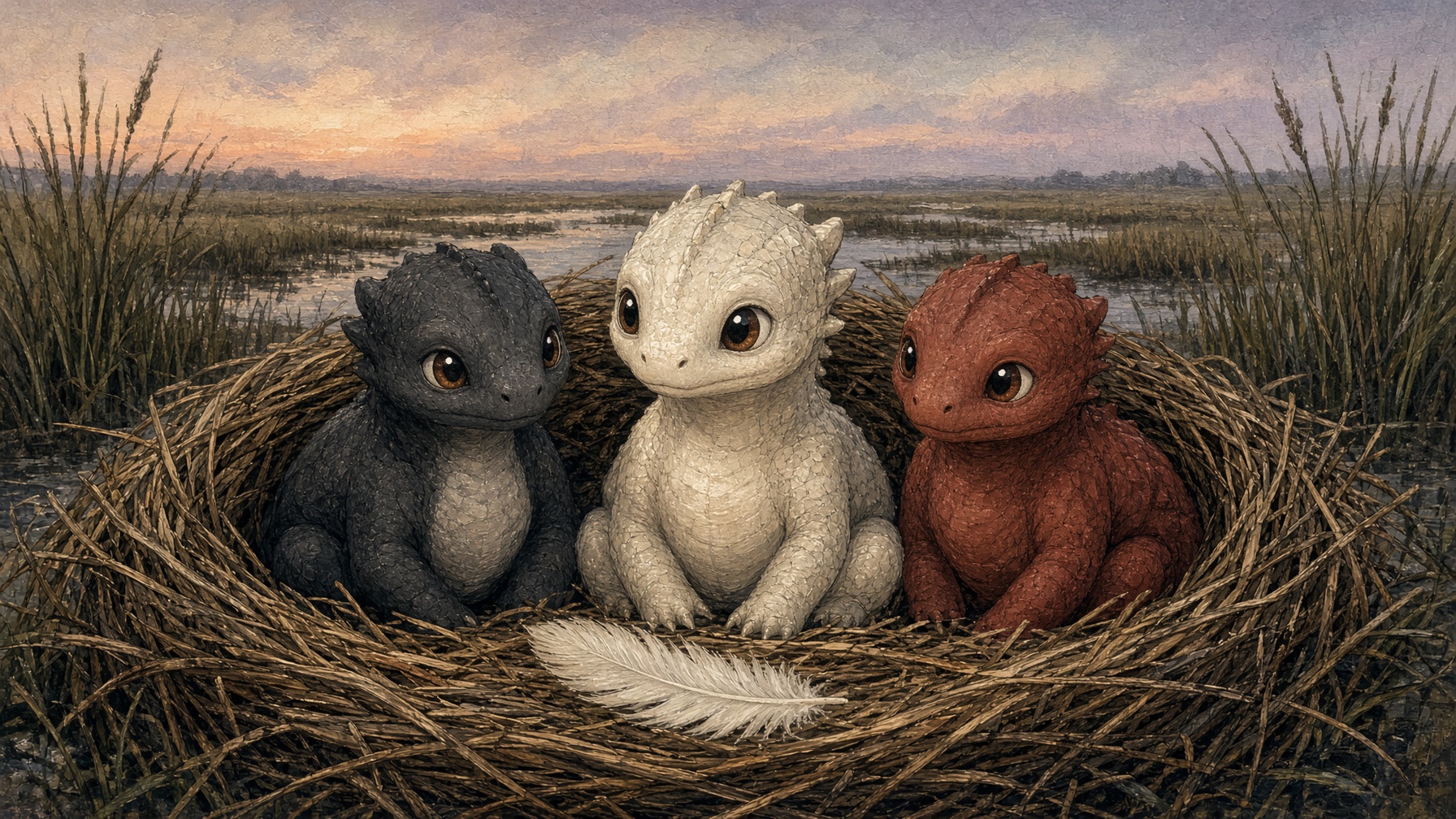 Pearl, Soot, and Brick — white, black, and red hatchlings around a cream feather